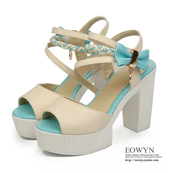 EOWYN.韓版時尚甜美撞色蝴蝶結編織魔術貼魚嘴百搭粗跟涼鞋EMD00875-69/4色/34-39碼現貨+預購米色36