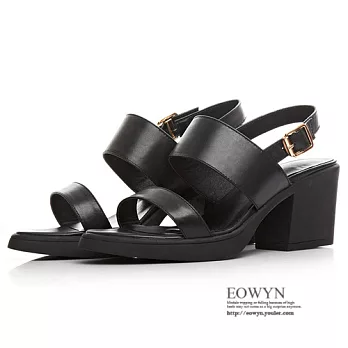 EOWYN.時尚簡約大牌範百搭款釦環尖頭寬版舒適牛皮粗跟涼鞋EMD00881-85/2色/34-39碼現貨+預購黑色34