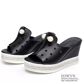 EOWYN.歐美時尚個性奢華珍珠水鑽鏤空百搭坡跟厚底楔形拖鞋/涼鞋EMD00885-89/3色/34-39碼現貨+預購黑色34