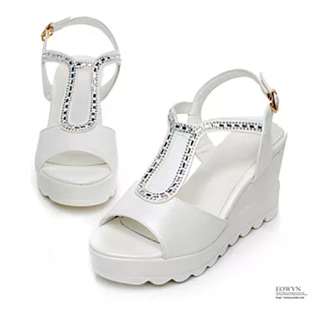 EOWYN.2015新款網紗韓版時尚簡約水鑽釦環魚嘴百搭坡跟厚底楔形涼鞋EMD00886-89/1色/34-39碼現貨+預購白色34