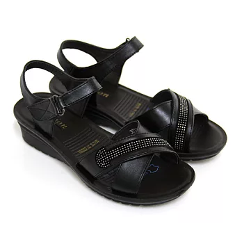 【Pretty】質感對稱鑽面小坡跟繫踝涼鞋24.5黑色