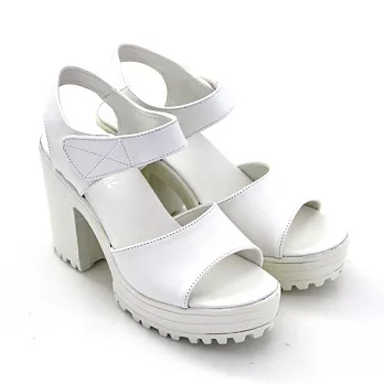 【Pretty】百搭一字繫踝魔鬼氈粗高跟涼鞋22.5白色