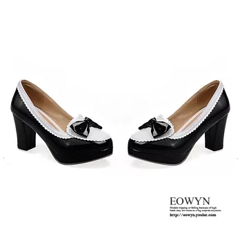 EOWYN.2015時尚百搭新款拼色甜美蝴蝶結圓頭粗跟包鞋/娃娃鞋EMD00912-63/3色/34-39碼現貨+預購黑色34