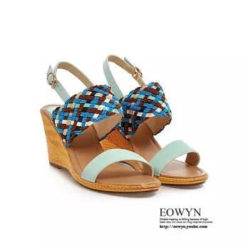 EOWYN.法國女伶輕時尚甜美拼色編織寬版釦環坡跟楔形涼鞋EMD00914-73/3色/34-39碼現貨+預購藍色34