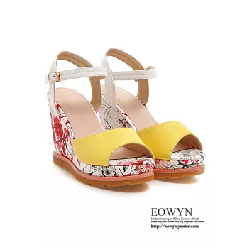 EOWYN.時尚繽紛夏日閃耀性感釦環甜美印花坡跟厚底楔形涼鞋EMD00919-78/3色/34-39碼現貨+預購黃色34