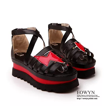 EOWYN.歐美時尚個性圓頭拼色線條交叉鬆緊百搭坡跟鬆糕楔形羅馬涼鞋EMD00921-83/2色/34-39碼現貨+預購黑色34