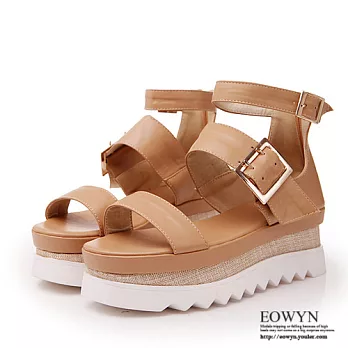 EOWYN.2015時尚個性新款釦環後拉鏈拼色百搭坡跟鬆糕楔形涼鞋EMD00923-83/3色/34-39碼現貨+預購杏色34
