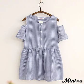 上衣 條紋露肩荷葉袖娃娃裙上衣 三色-Mini嚴選-FREE(藍色)