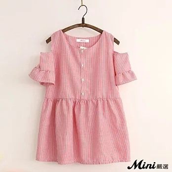 上衣 條紋露肩荷葉袖娃娃裙上衣 三色-Mini嚴選-FREE(紅色)