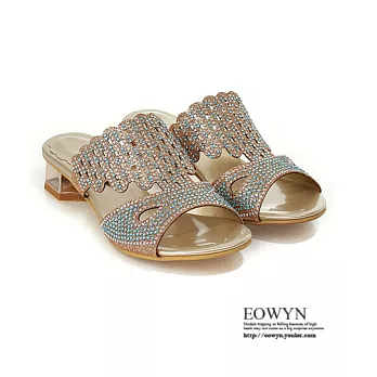 EOWYN.歐美時尚新款顯瘦性感甜美色彩水鑽百搭粗跟拖鞋/涼鞋EMD00937-78/1色/34-39碼現貨+預購金色34