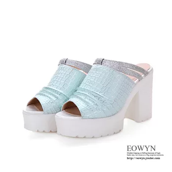 EOWYN.歐美時尚清新淡雅亮粉魚嘴石頭紋百搭粗跟拖鞋/涼鞋EMD00891-79/3色/34-39碼現貨+預購藍色34