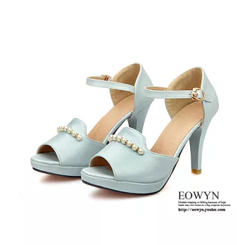 EOWYN.歐美時尚個性顯瘦性感奢華珍珠魚嘴釦環細跟涼鞋EMD00906-65/3色/34-39碼現貨+預購藍色34
