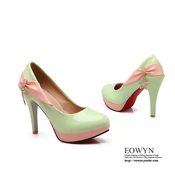 EOWYN.時尚簡約大牌範百搭款圓頭甜美拼色水鑽垂飾性感顯瘦細跟包鞋EMD00907-71/3色/34-39碼現貨+預購綠色34