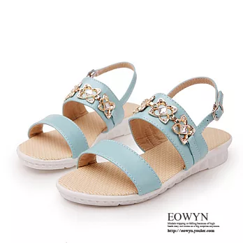 EOWYN.小清新波西米亞風韓版素雅日常休閒上班百搭金屬水鑽釦環平底涼鞋EMD00932-58/3色/34-39碼現貨+預購藍色34