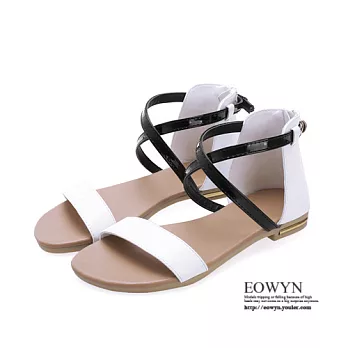 EOWYN.韓版時尚甜美拼色交叉釦環拉鏈舒適平底百搭涼鞋EMD00934-37/2色/34-39碼現貨+預購白色34