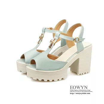 EOWYN.時尚繽紛夏日閃耀性感簡約十字架T字釦環粗跟涼鞋EMD00897-59/3色/34-39碼現貨+預購藍色34