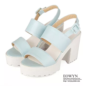 EOWYN.2015時尚韓版新款甜美糖果色圓頭釦環寬版粗跟涼鞋EMD00899-59/3色/34-39碼現貨+預購藍色34