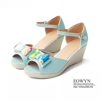 EOWYN.日韓甜美印花蝴蝶結釦環時尚夏季百搭坡跟厚底楔形涼鞋EMD00902-57/3色/34-39碼現貨+預購藍色34