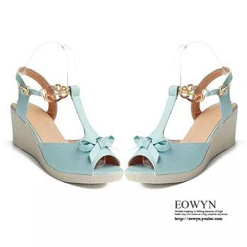 EOWYN.日韓手工製作甜美蝴蝶結金屬T字釦環坡跟厚底楔形涼鞋EMD00903-57/3色/34-39碼現貨+預購藍色34