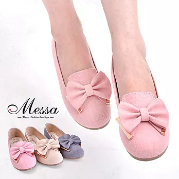 【Messa米莎專櫃女鞋】MIT 俏麗蝴蝶結金屬飾釦內真皮樂福鞋-三色38米色