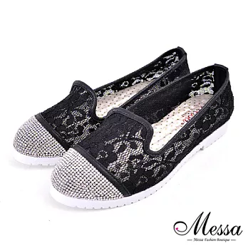 【Messa米莎專櫃女鞋】MIT 裸肌感蕾絲網布拼接水鑽滾邊樂福鞋-三色35黑色