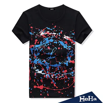 T恤 透氣棉質圓領潑墨短袖上衣 二色-HeHa-L(黑色)