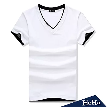 T恤 休閒雙色V領短袖上衣 三色-HeHa-L(白色)