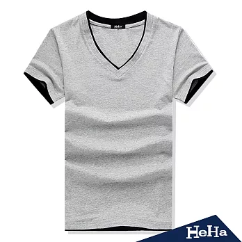 T恤 休閒雙色V領短袖上衣 三色-HeHa-L(灰色)