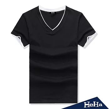 T恤 休閒雙色V領短袖上衣 三色-HeHa-L(黑色)