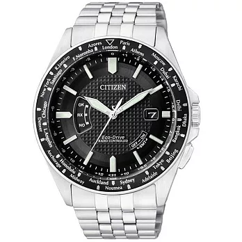 CITIZEN 奔放動靜5局電波光動能萬年曆世界時間優質腕錶-黑-CB0027-51E