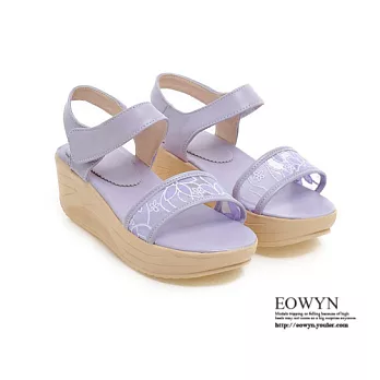 EOWYN.日韓時尚手工製作網紗印花魔術貼舒適百搭厚底鬆糕楔形涼鞋EMD00959-48/4色/34-39碼現貨+預購紫色34