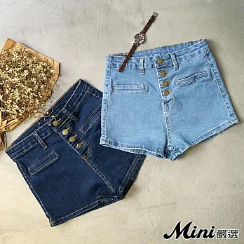 牛仔褲 復古排釦前假口袋短褲 二色-Mini嚴選-L(淺藍)