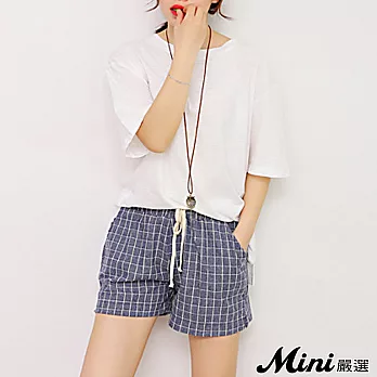 短褲 棉麻格紋抽繩休閒短褲 二色-Mini嚴選-FREE(藍色)