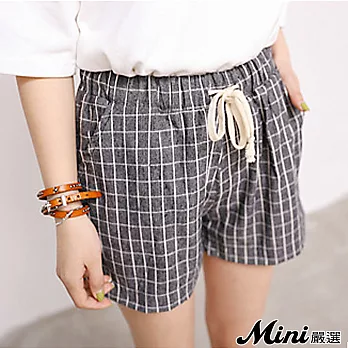 短褲 棉麻格紋抽繩休閒短褲 二色-Mini嚴選-FREE(灰色)