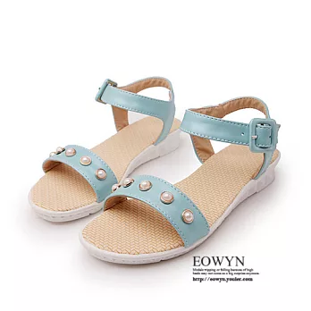 EOWYN.歐美時尚獨特設計新款釦環鉚釘百搭舒適平底涼鞋EMD00964-56/3色/34-39碼現貨+預購藍色34