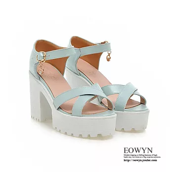EOWYN.日韓時尚高貴淑女手工製作交叉釦環垂飾百搭粗跟涼鞋EMD00992-63/4色/34-39碼現貨+預購藍色34