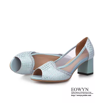 EOWYN.歐美時尚低跟水鑽網紗圓頭露齒百搭粗跟工作鞋/涼鞋EMD00995-95/3色/34-39碼現貨+預購藍色34