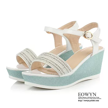 EOWYN.法國女伶輕時尚百搭釦環奢華水鑽珍珠坡跟厚底鬆糕涼鞋EMD01002-86/2色/34-39碼現貨+預購白色34