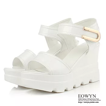 EOWYN.歐美時尚個性休閒金屬百搭魔術貼舒適坡跟厚底楔形涼鞋EMD01003-85/2色/34-39碼現貨+預購白色34