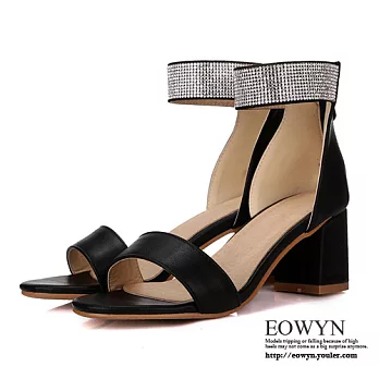 EOWYN.歐美時尚奢華水鑽一字寬版拉鏈粗跟涼鞋EMD01017-68/3色/34-39碼現貨+預購黑色34