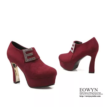 EOWYN.2015歐美新品羅馬風圓頭磨砂水鑽拉鏈性感百搭粗跟異形跟包鞋/裸靴EMD01043-75/3色/34-39碼現貨+預購紅色34
