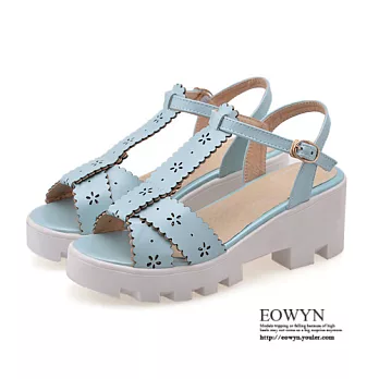EOWYN.日韓時尚金屬釦環夏季甜美鏤空雕花小清新百搭粗跟T字涼鞋EMD01061-63/3色/34-39碼現貨+預購藍色34