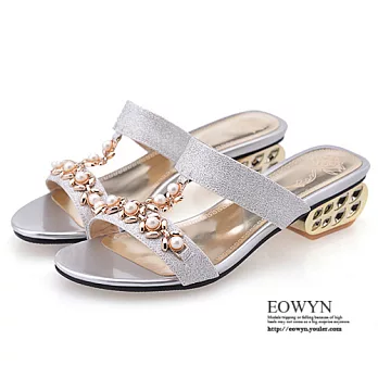 EOWYN.潮流時尚大牌簡約設計珍珠鏤空電鍍金屬跟粗跟涼拖鞋EMD01066-70/3色/34-39碼現貨+預購銀色39