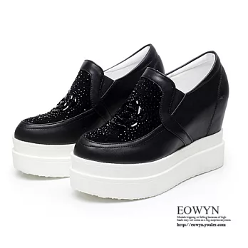 EOWYN.日系時尚繽紛閃耀水鑽圓頭綁帶舒適百搭休閒坡跟厚底鬆糕包鞋EMD01078-89/2色/34-39碼現貨+預購黑色34