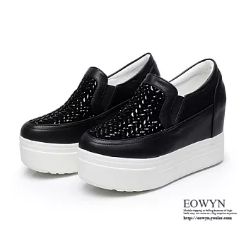 EOWYN.歐美時尚性感獨特設計新款水鑽圓頭舒適百搭休閒坡跟厚底鬆糕包鞋EMD01079-89/2色/34-39碼現貨+預購黑色34