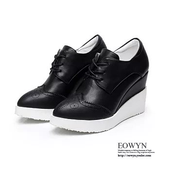 EOWYN.優雅簡約學生鞋韓版休閒舒適復古雕花日韓系綁帶休閒坡跟厚底鬆糕包鞋EMD01080-83/2色/34-39碼現貨+預購黑色36