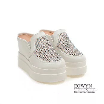 EOWYN.歐美時尚獨特設計鏤空水鑽百搭休閒鬆糕厚底坡跟楔形包鞋EMD01083-89/2色/34-39碼現貨+預購白色34