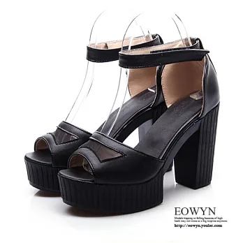 EOWYN.歐美時尚繽紛夏日性感顯瘦百搭網紗魔術貼舒適高粗跟涼鞋EMD01090-85/2色/34-39碼現貨+預購黑色34