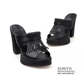 EOWYN.時尚簡約舒適休閒百搭流蘇顯瘦性感鏤空高粗跟拖鞋/涼鞋EMD01106-99/1色/34-39碼現貨+預購黑色34