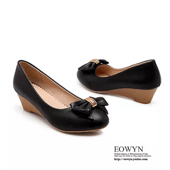 EOWYN.2015韓版時尚甜美金屬蝴蝶結圓頭坡跟厚底包鞋/娃娃鞋EMD01112-63/3色/34-39碼現貨+預購黑色34